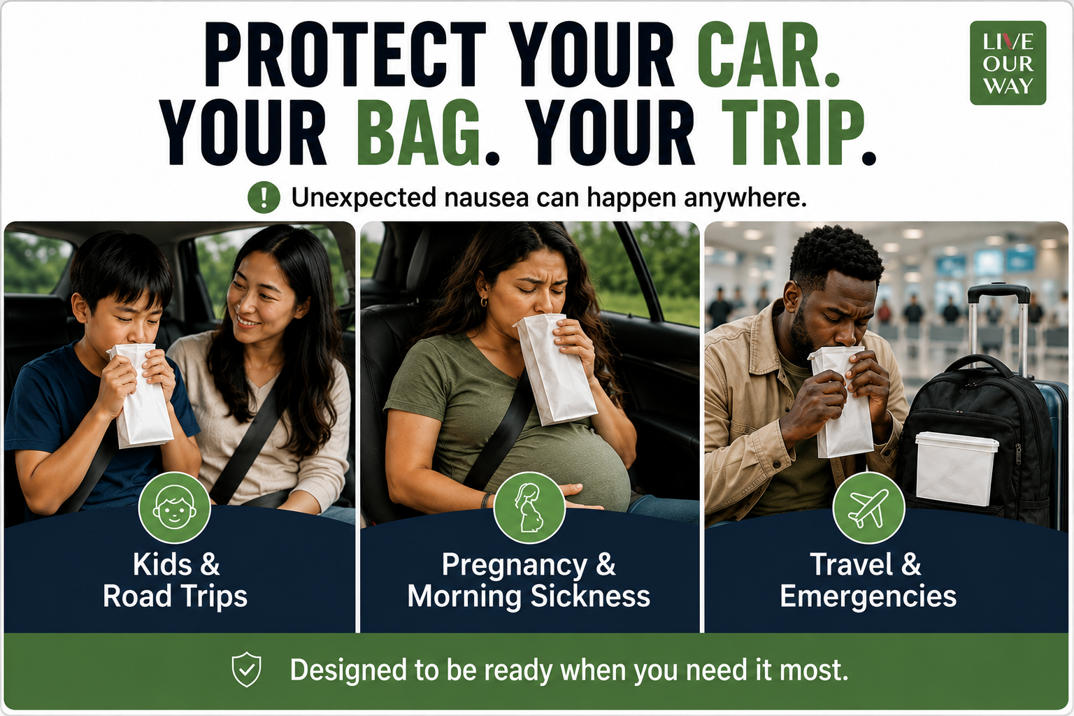 LIVEOURWAY Barf Bags Disposable - Leakproof Throw Away Paper Bags for Motion Sickness, Travel Essentials, 25Pk