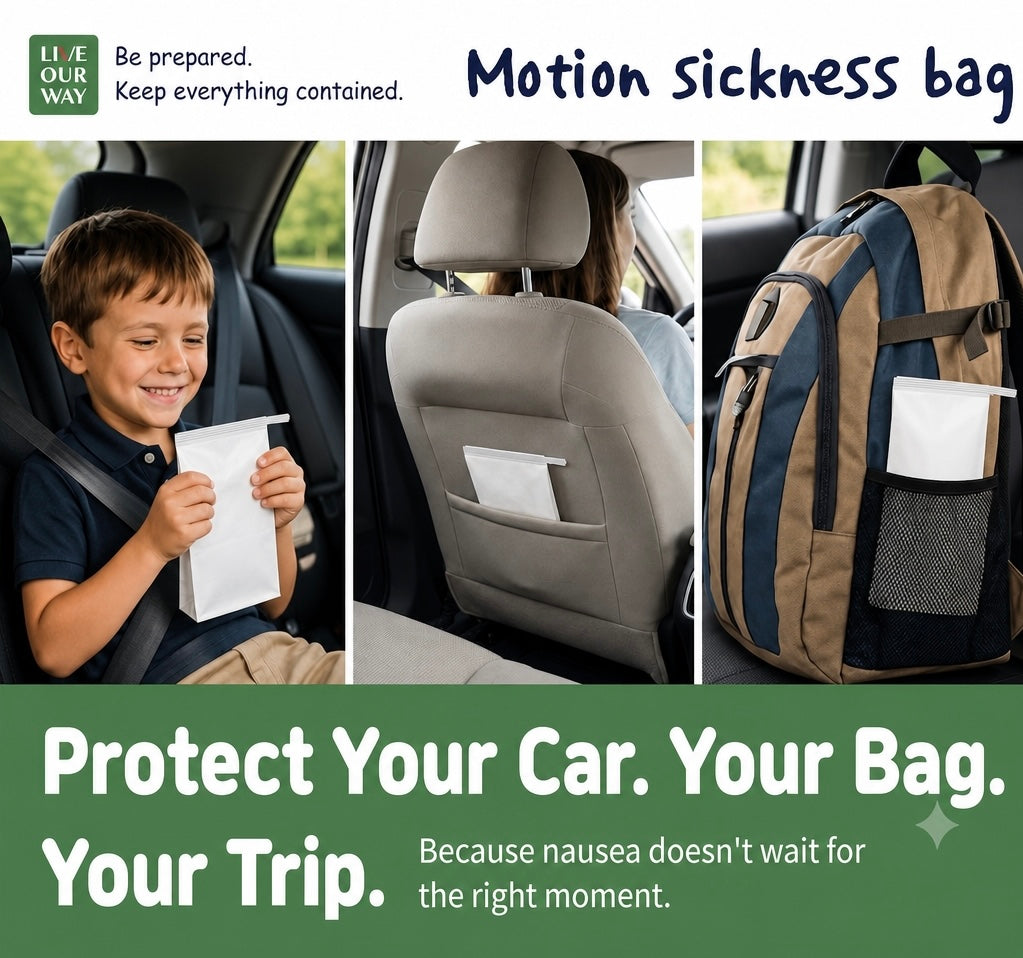 LIVEOURWAY Barf Bags Disposable - Leakproof Throw Away Paper Bags for Motion Sickness, Travel Essentials, 25Pk